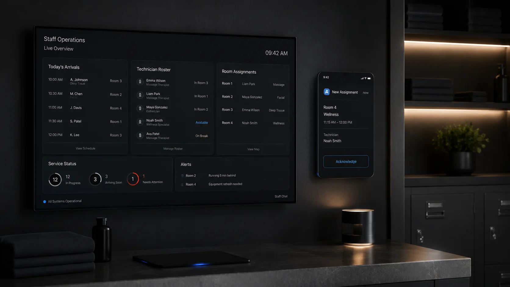 Staff operations dashboard with room assignments and a phone alert
